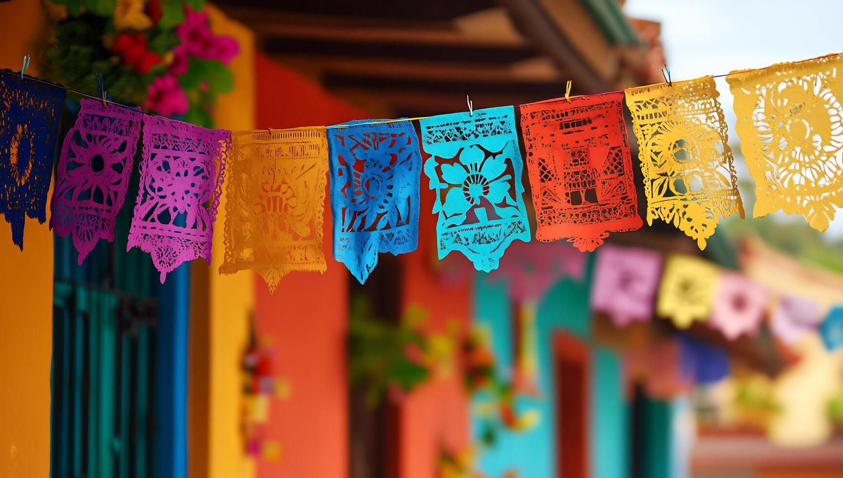 A colorful building with paper flags hanging from the side photo