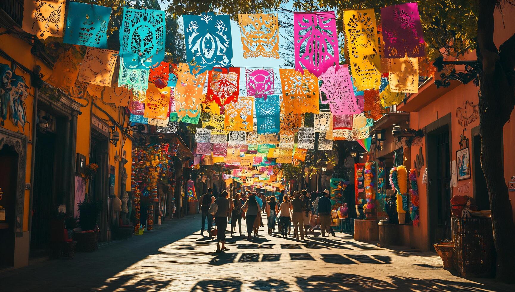 A street with colorful flags hanging from the ceiling photo
