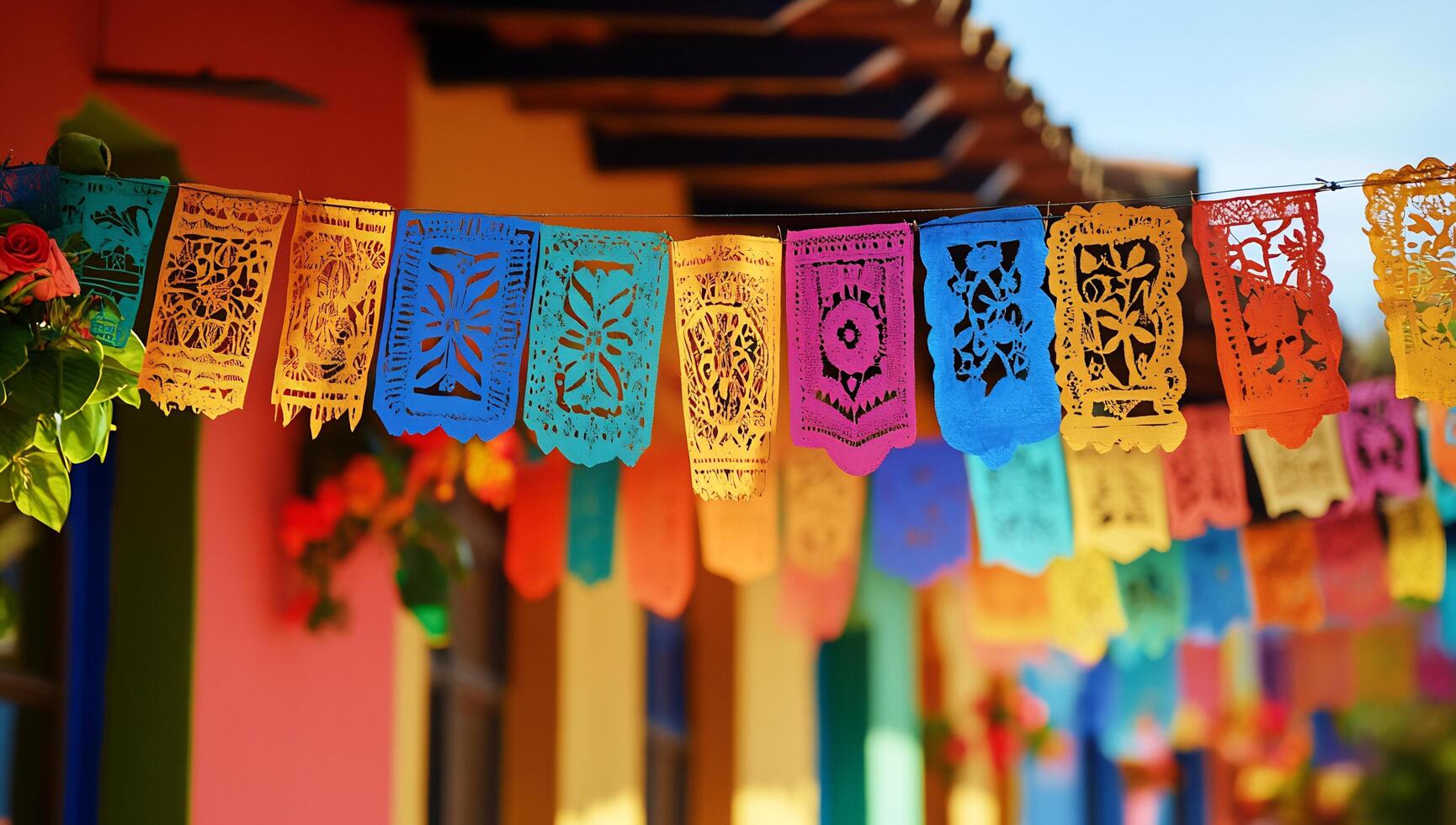 Colorful paper flags hanging from a line photo