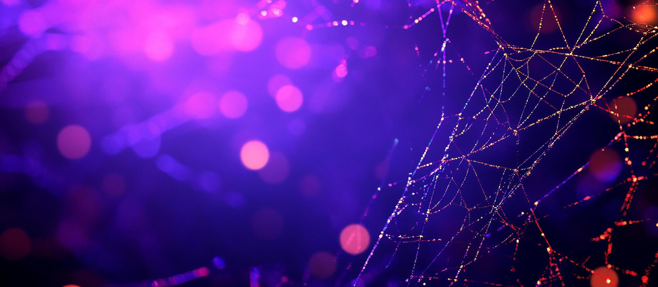 A spider web is illuminated by a purple light photo