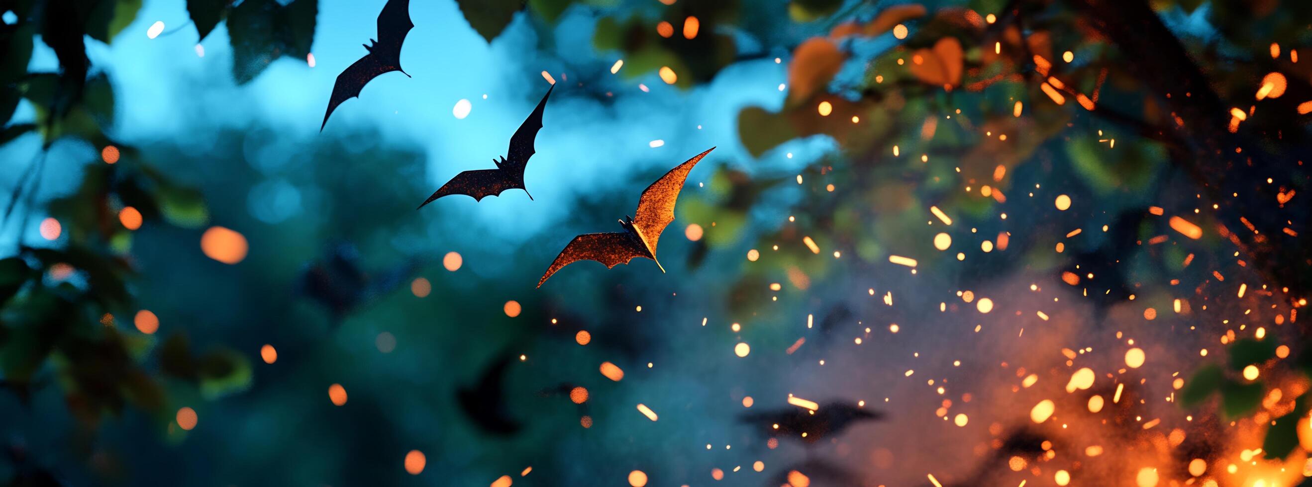 Bats flying over a tree with fire and sparks photo