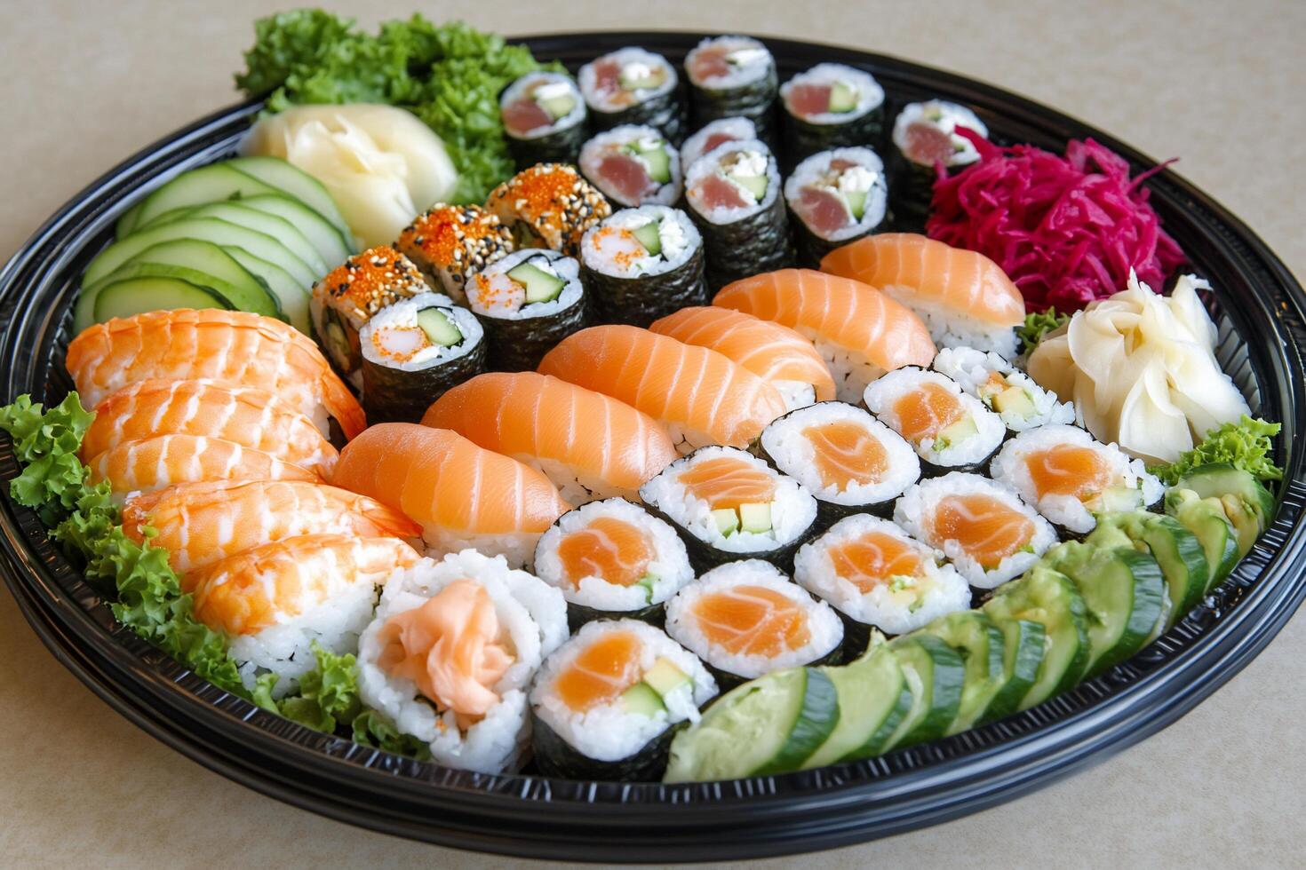 A black tray with sushi and vegetables photo