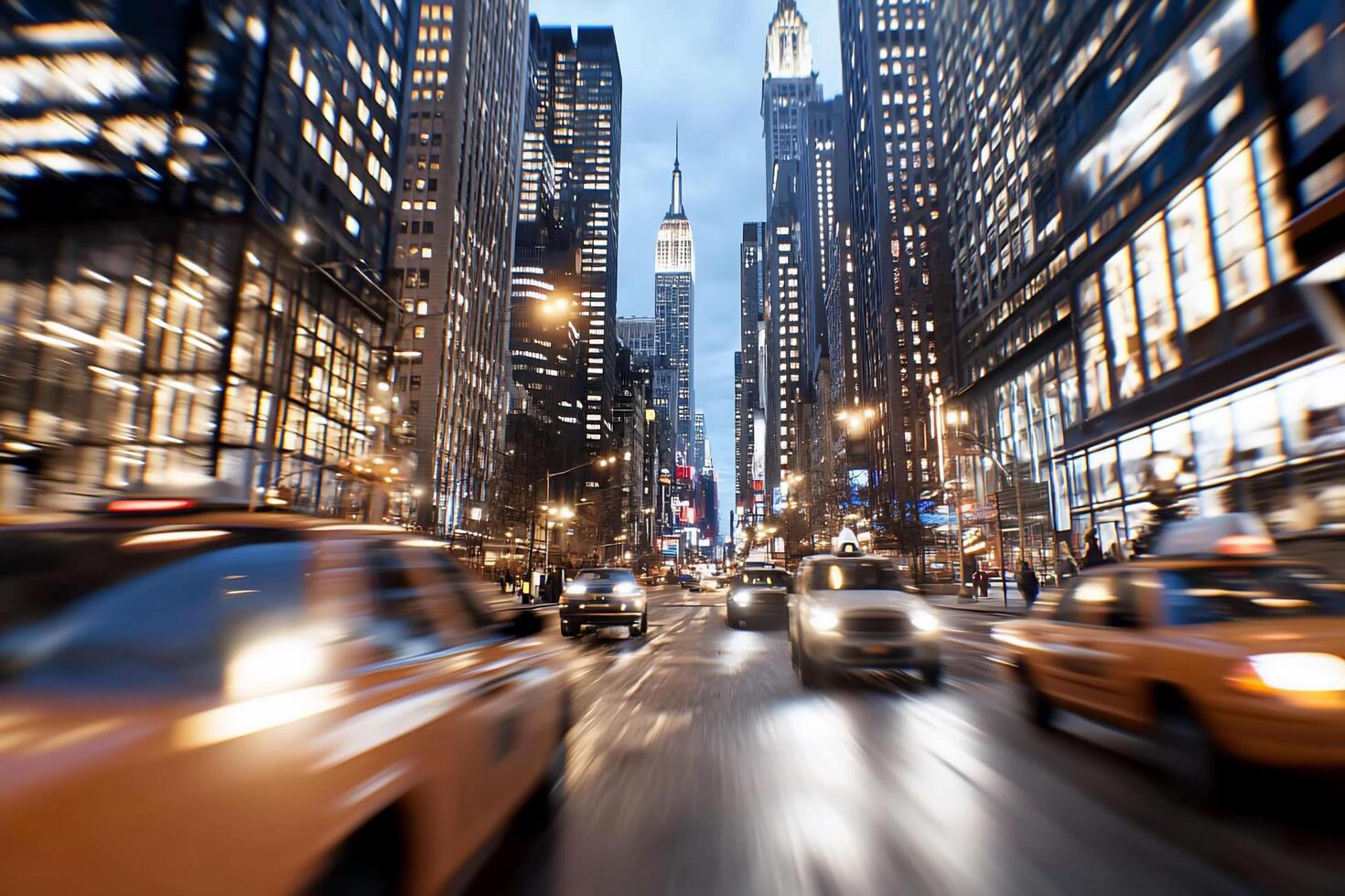 A blurry image of a busy city street with cars and taxis photo