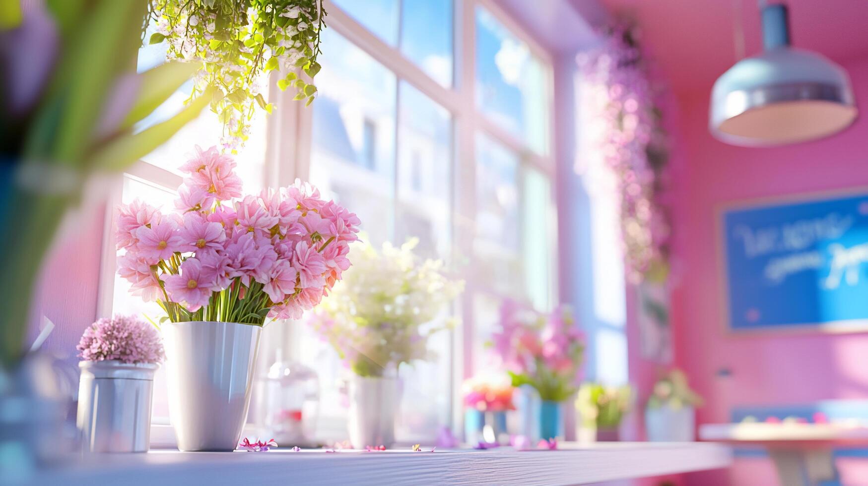 A pink room with flowers and a window photo