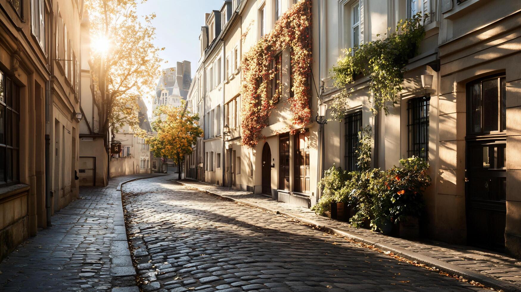 A cobblestone street in paris with a building in the background photo