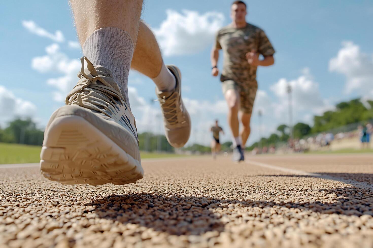A person running on a track with their shoes on photo