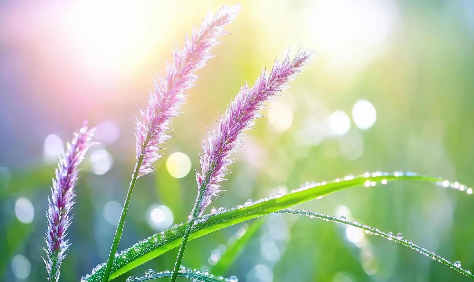 Grass with dew drops on it in the morning light photo