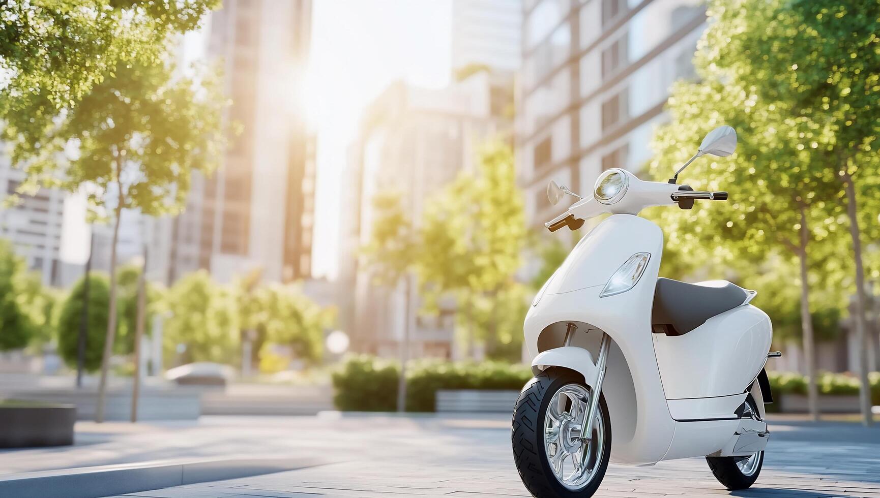 A white scooter parked on a street in front of a city photo
