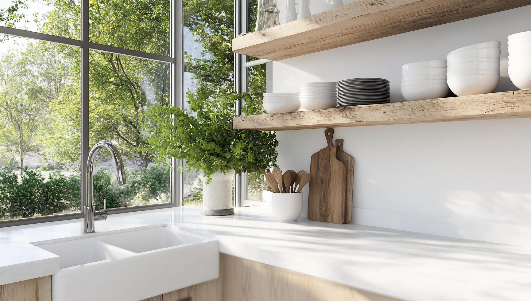 A kitchen with a sink and shelves photo