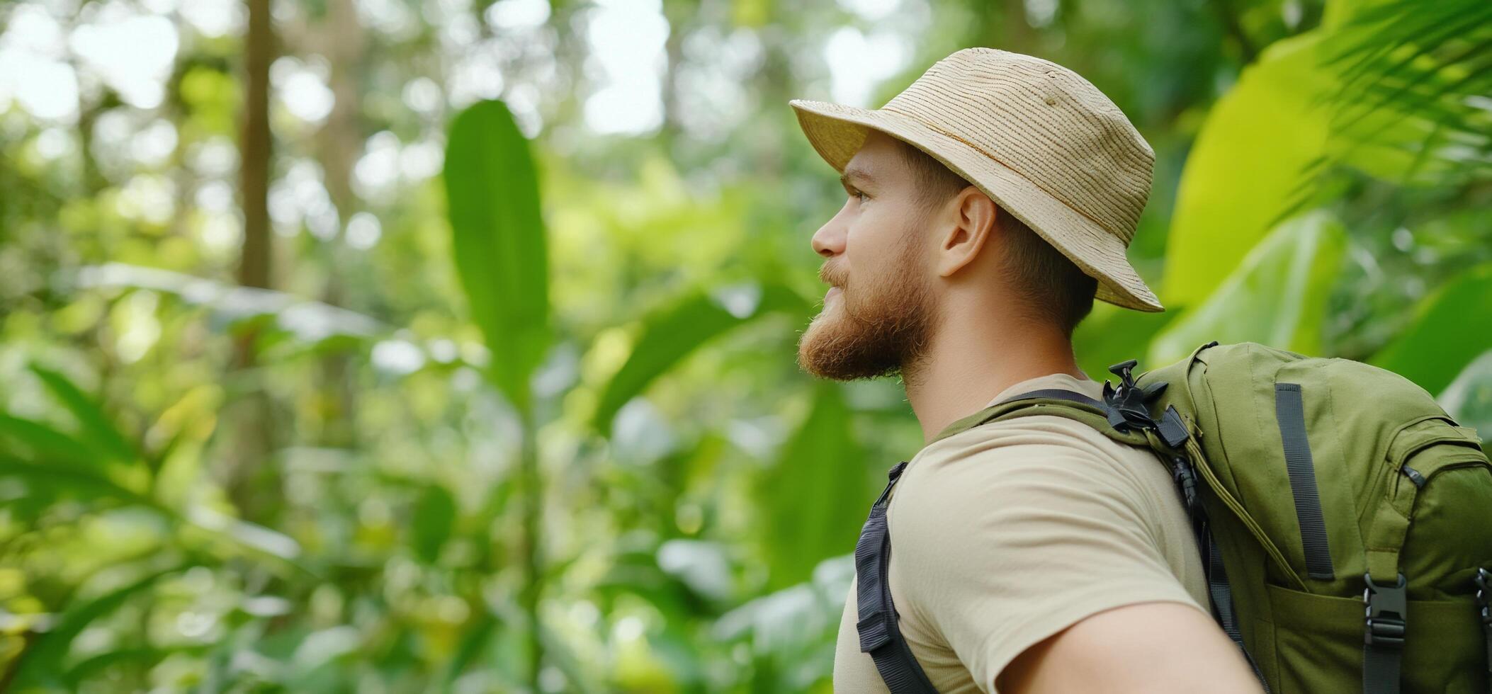 A man with a backpack in the jungle photo