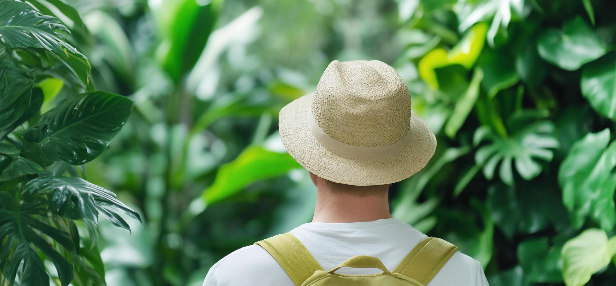 A man wearing a hat and backpack in the jungle photo