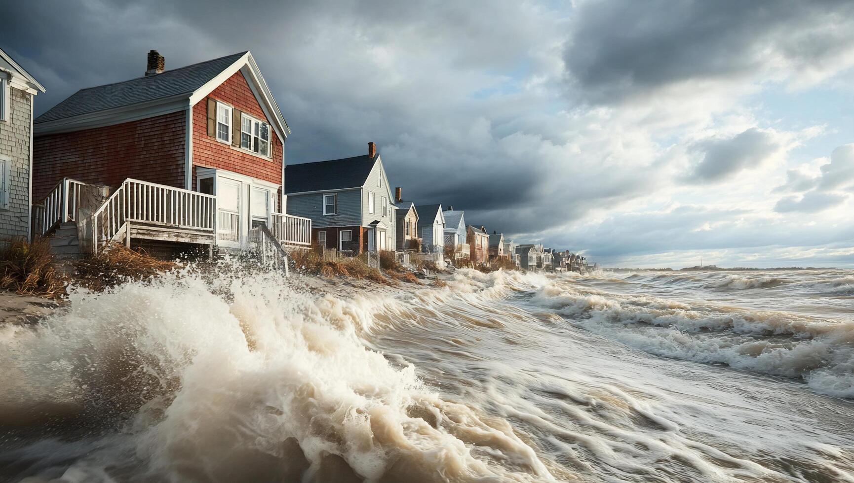 Stormy seas and houses on the shore photo