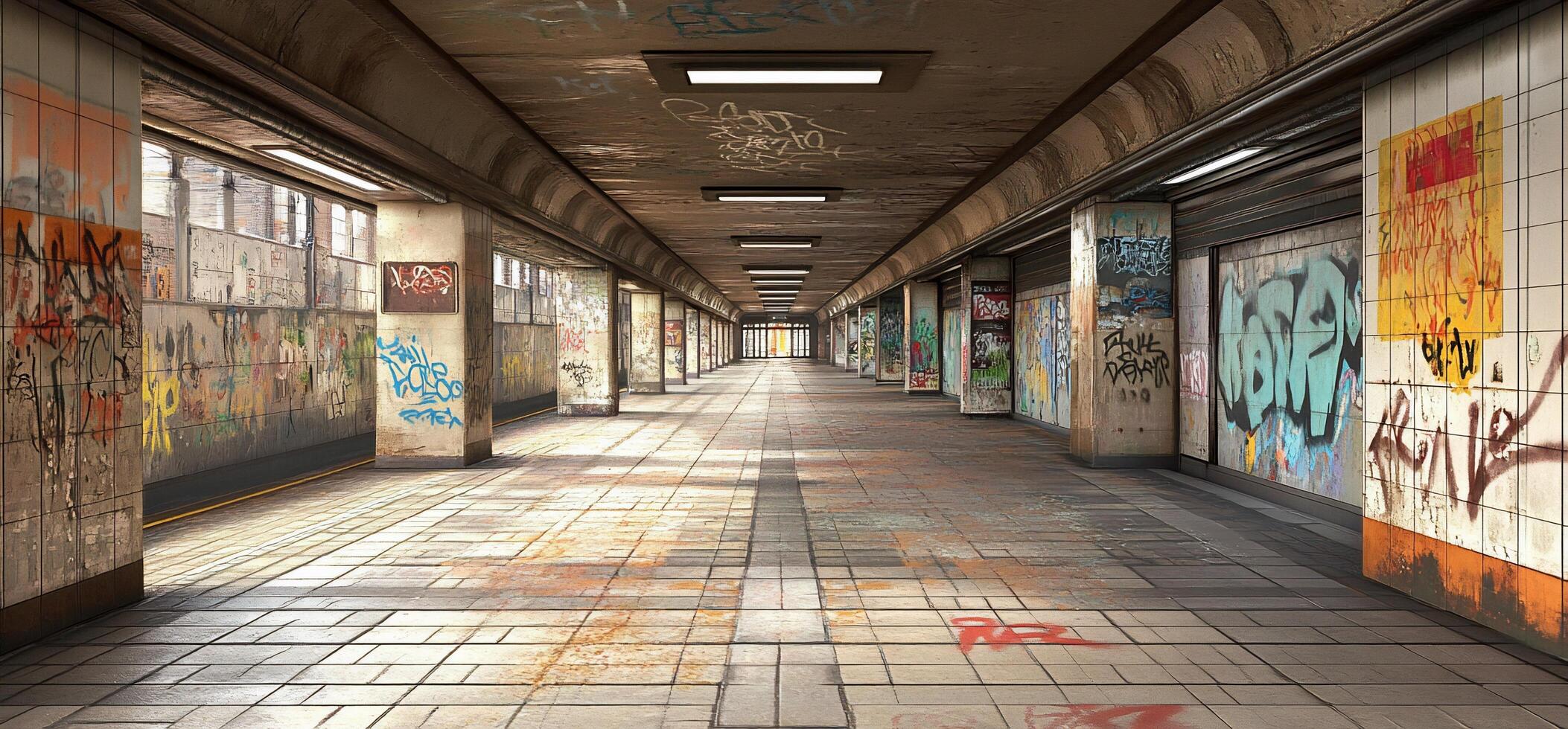 A long hallway with graffiti on the walls photo