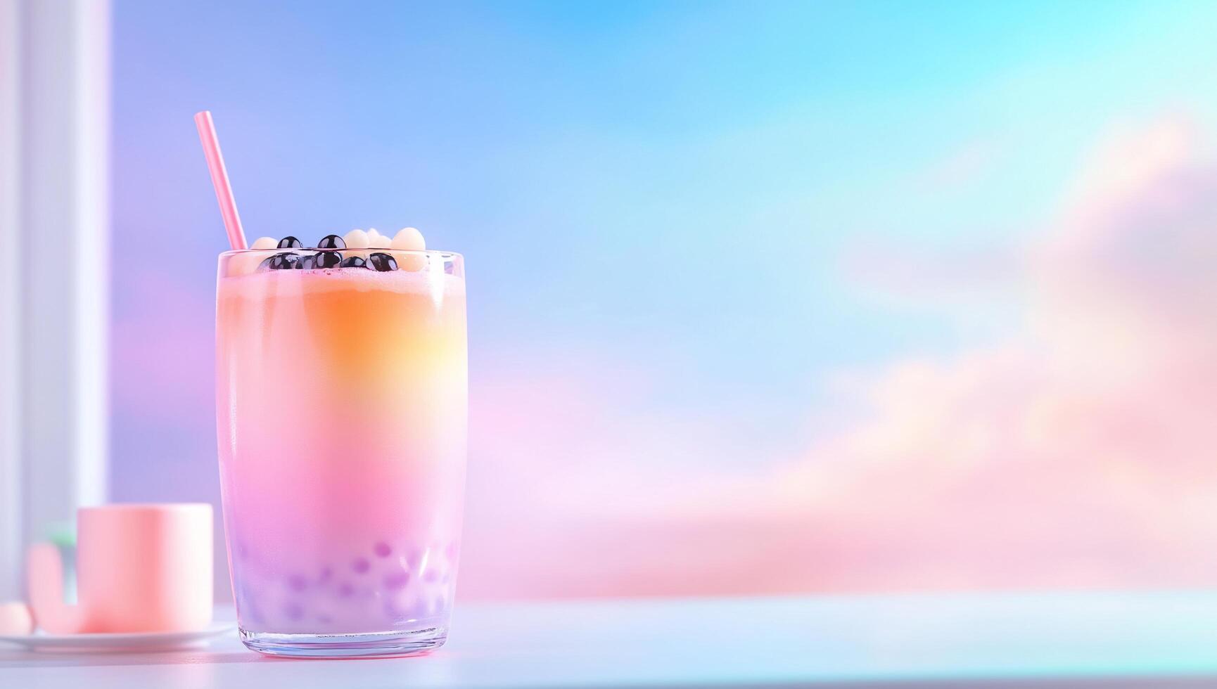 A bubble tea drink with a pink straw on a window sill photo