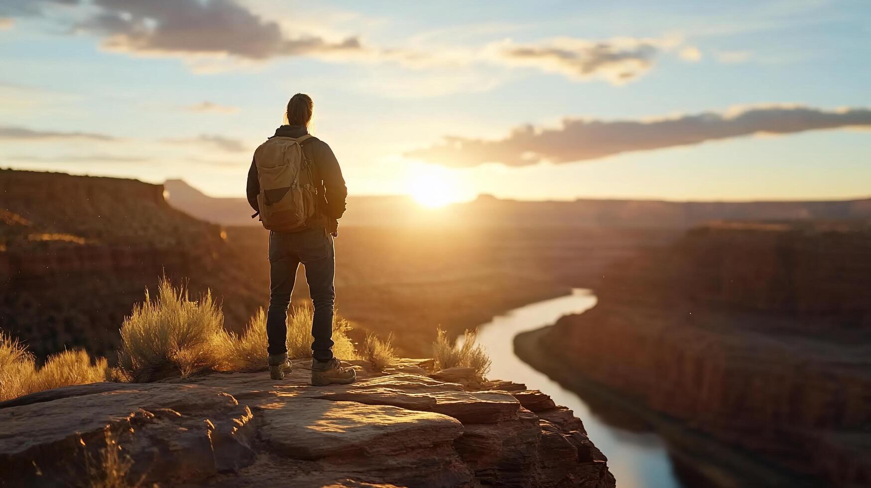 Man standing on edge of cliff overlooking river at sunset photo
