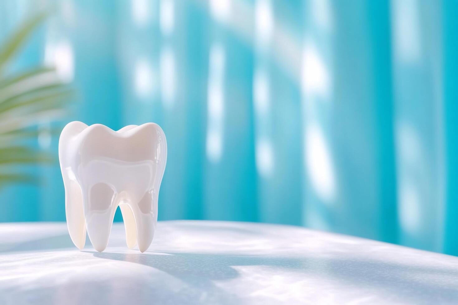 A tooth on a table with blue curtains photo