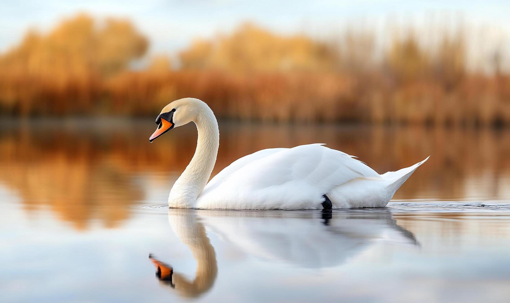 A white swan swimming in a lake with reeds photo