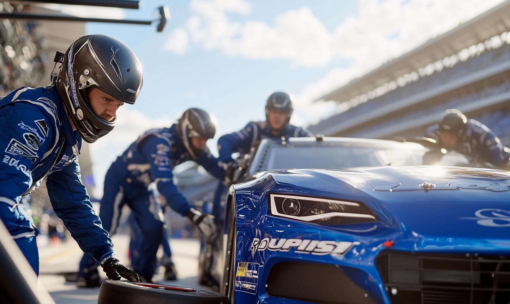Nascar drivers working on their cars at the track photo