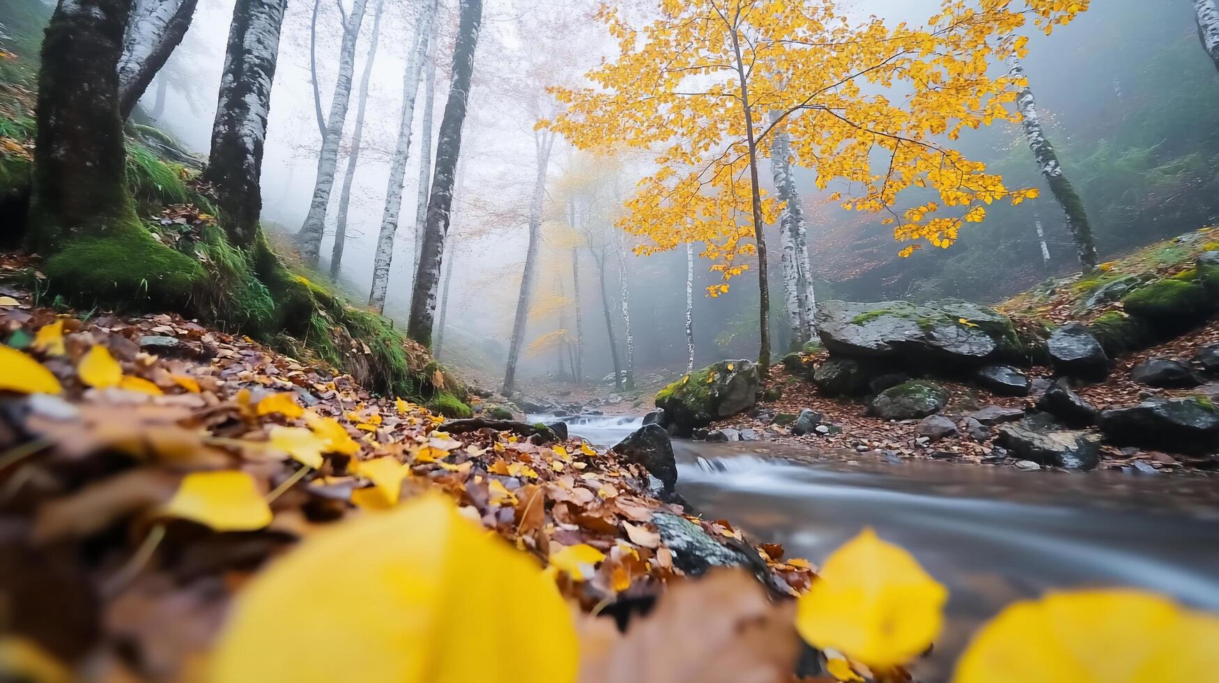 Autumn forest with a stream and yellow leaves photo