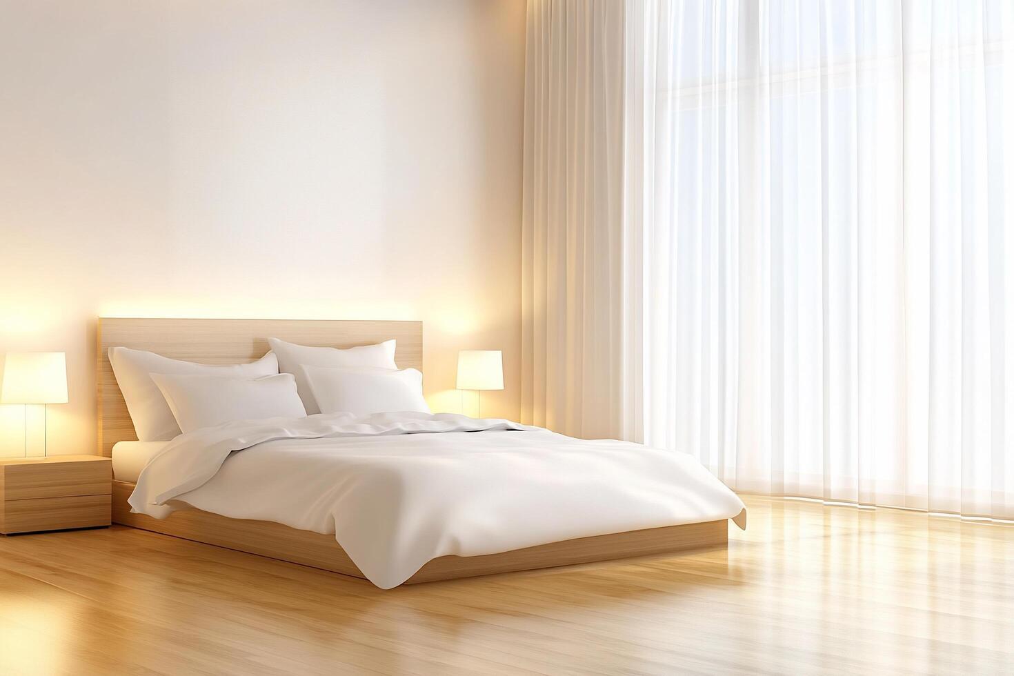 A clean bedroom with a bed and a lamp photo