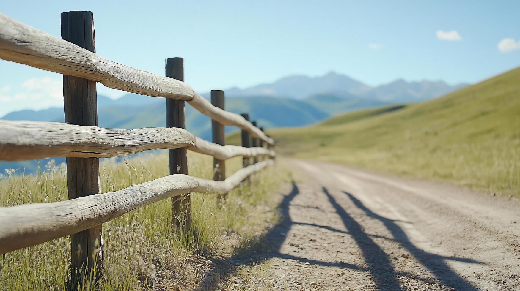 A wooden fence on a dirt road with mountains in the background photo