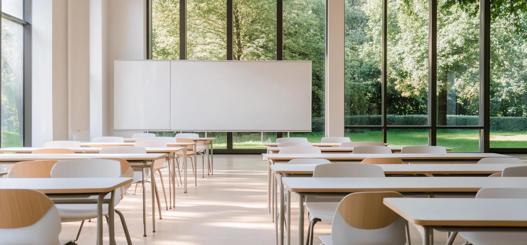 Empty classroom with white chairs and a projector screen photo