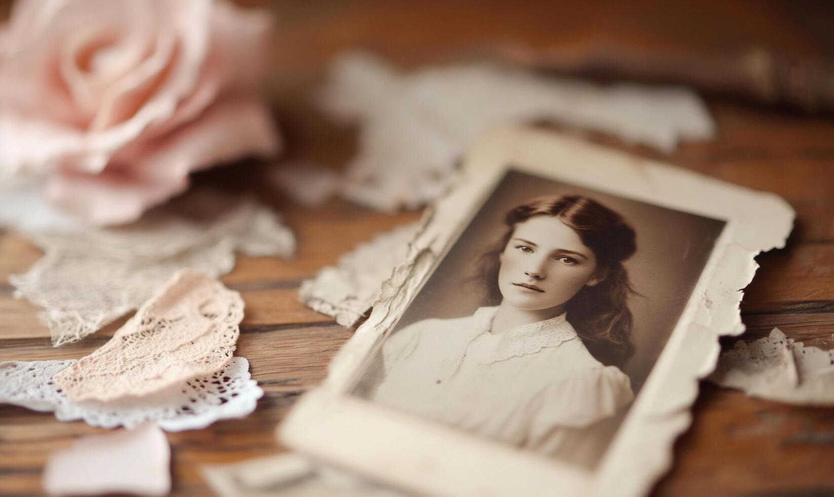 An old photo of a woman with lace on a table