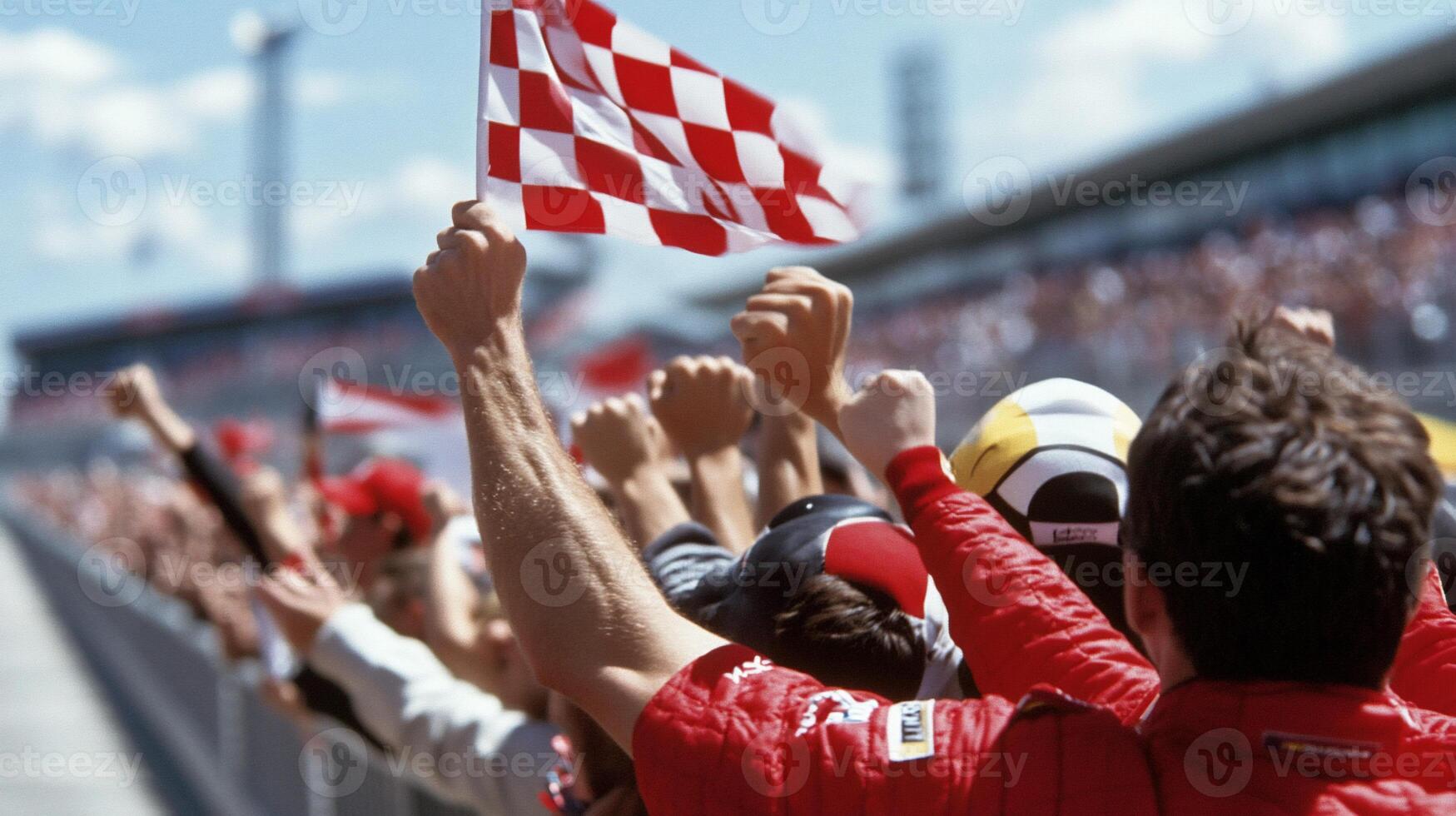 A crowd of people holding up a checkered flag photo