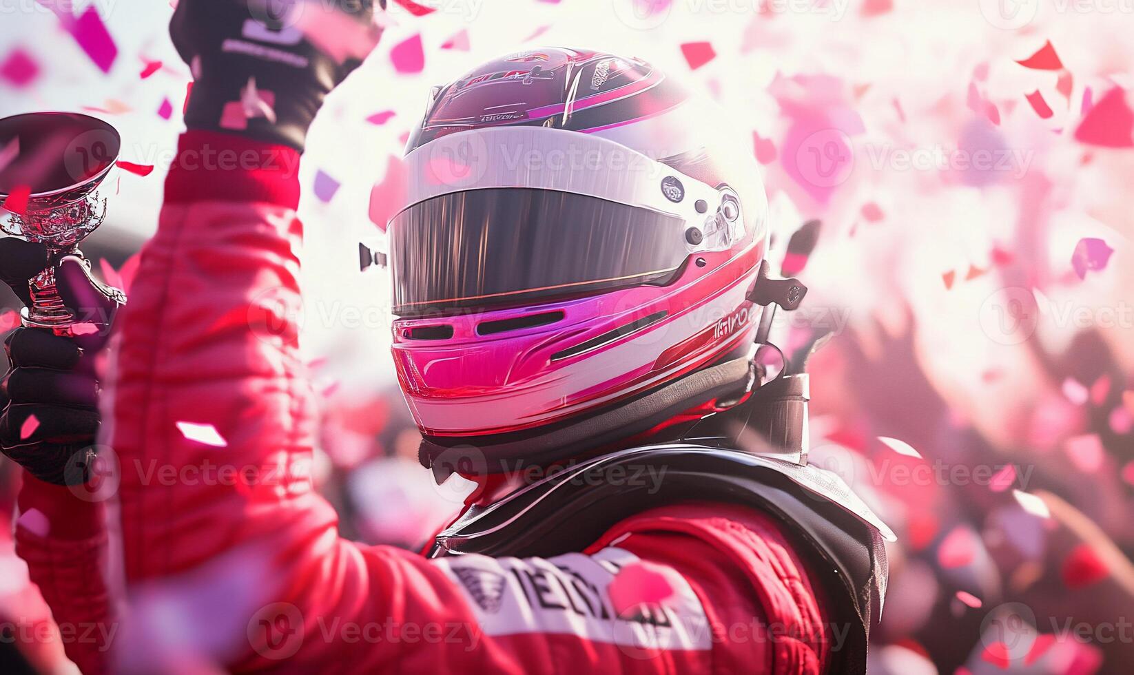 A man in a racing suit holding up his helmet photo
