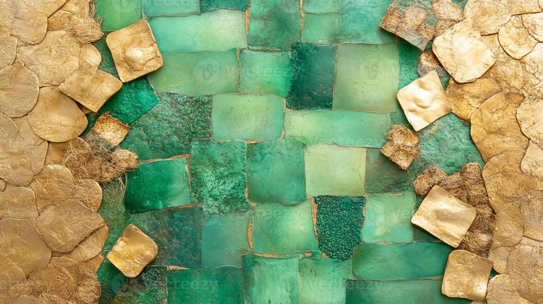 A green and gold wall with a mosaic design photo