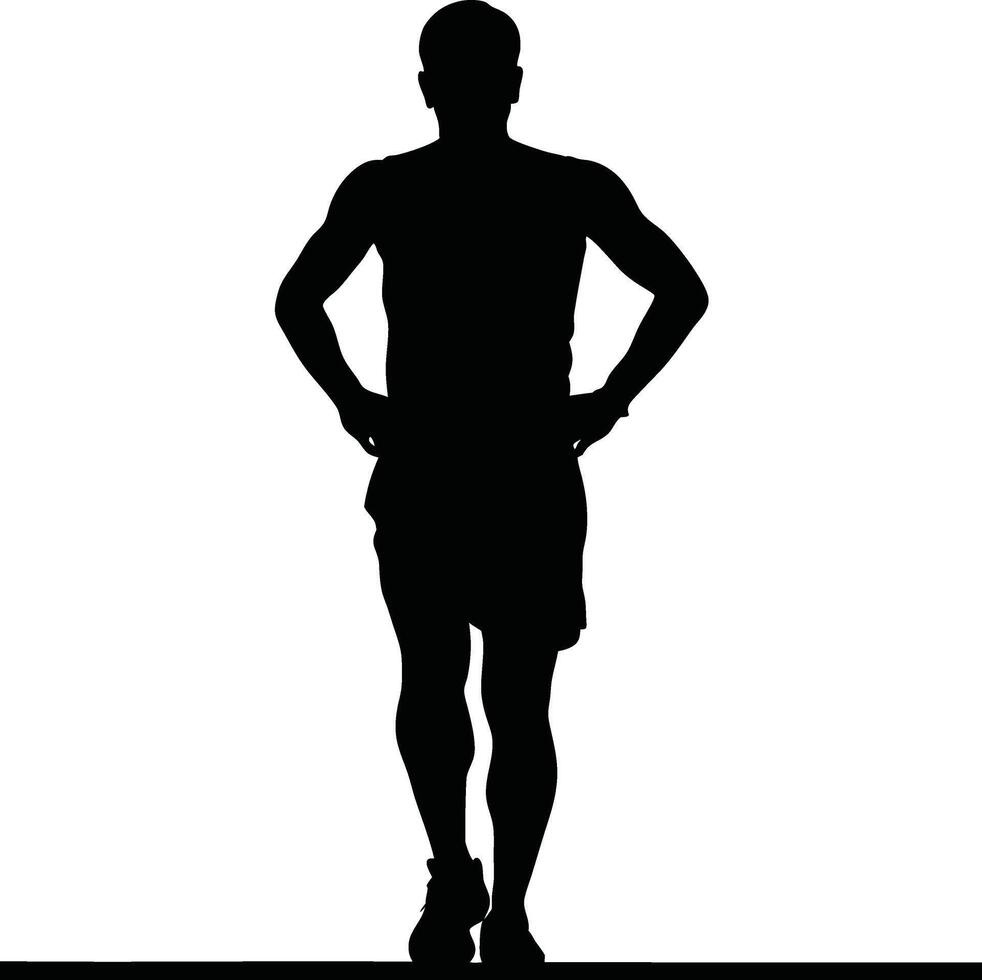 Runner Silhouette Front. A bold black silhouette of a runner facing forward in a confident standing pose, hands on hips vector