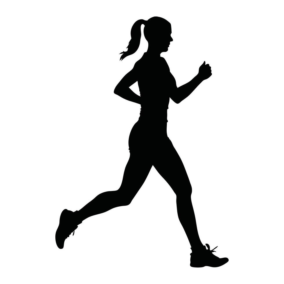 Runner Silhouette Front. A silhouette of a female runner jogging forward, with a flowing ponytail vector