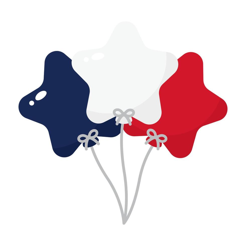 Blue, white and red colored star balloon icons, as the colors of the national flag of France. Flat design illustration. vector