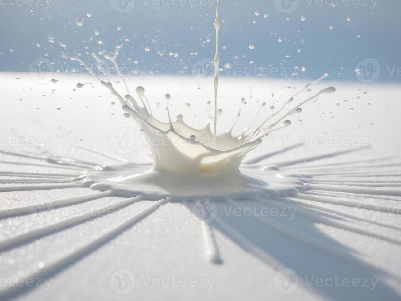 Milk splatter on a white surface captured in a dynamic burst of liquid. photo
