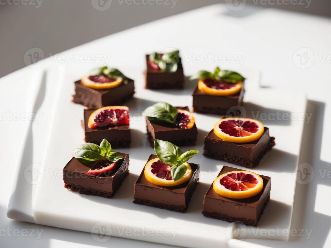 Delicious chocolate dessert squares with citrus and basil garnish. photo