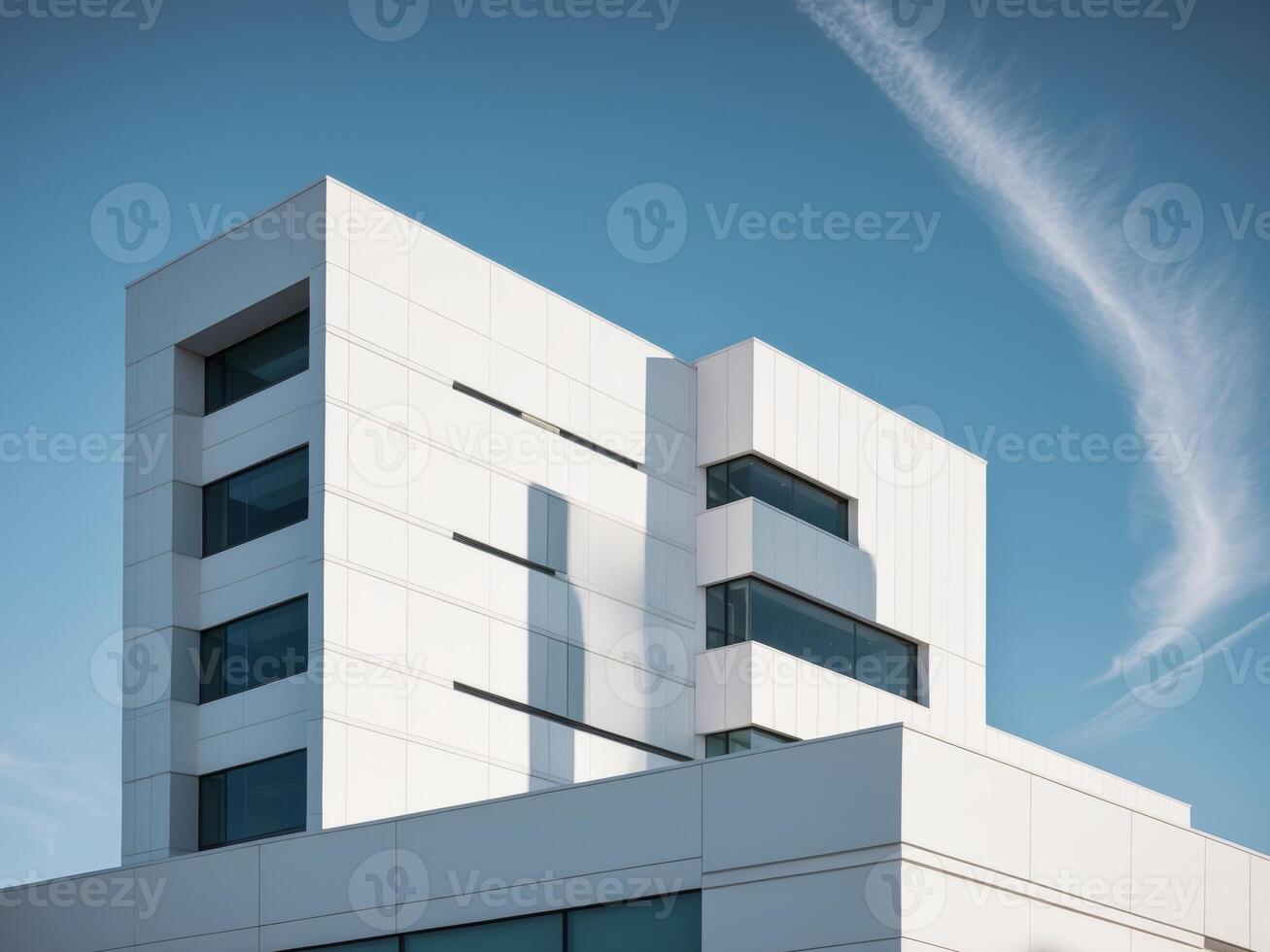 Modern architectural design featuring sleek white office building. photo