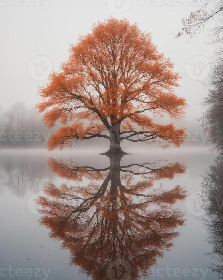A tree is reflected in a lake on a foggy day photo