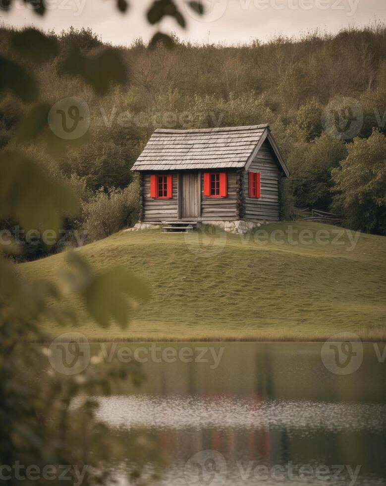 A small cabin sits on top of a hill by a lake photo