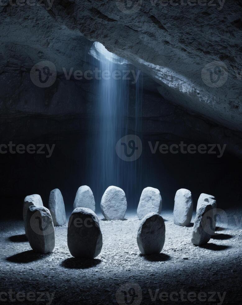 A group of stones in a cave with a light shining on them photo