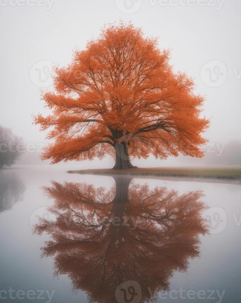 A large tree with orange leaves is reflected in a pond photo
