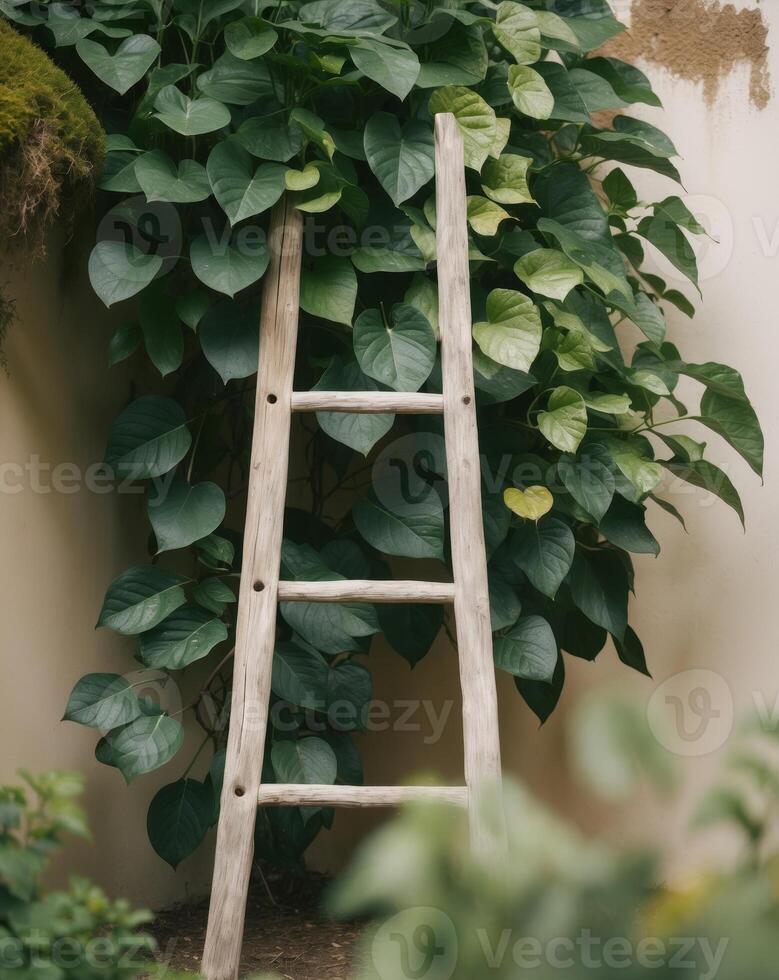 A ladder leaning against a wall with green plants photo