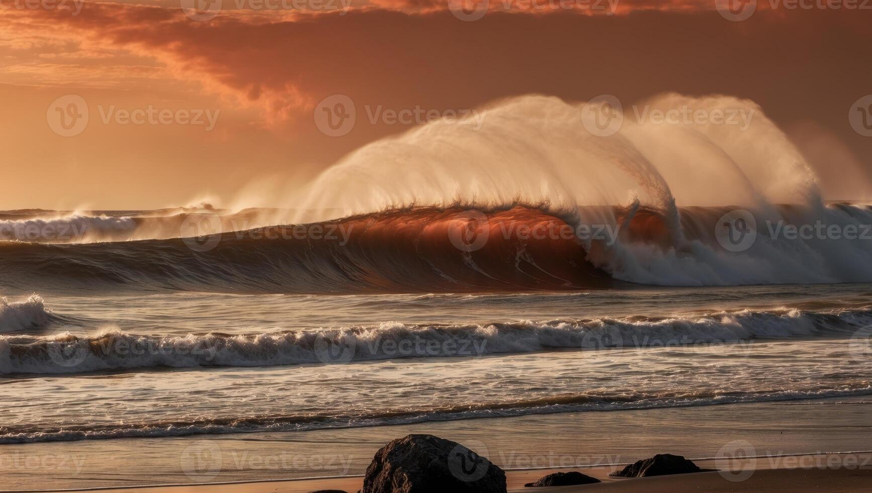 A large wave crashing into the ocean at sunset photo