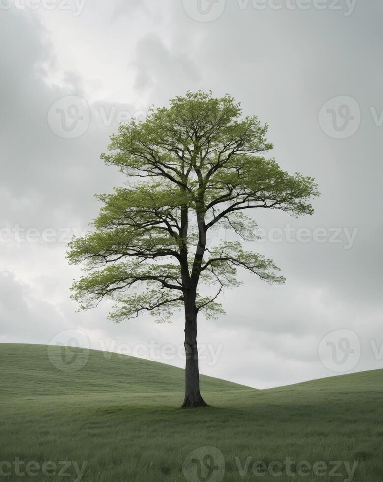 A lone tree stands in a grassy field photo