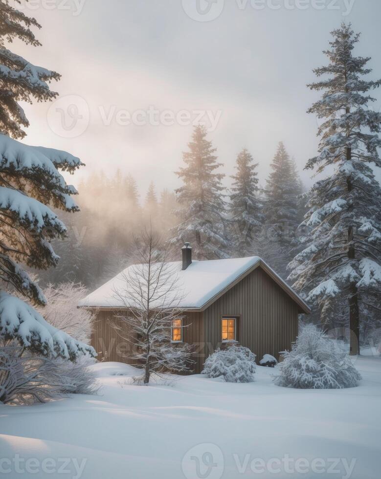 A cabin in the snow with trees and snow photo