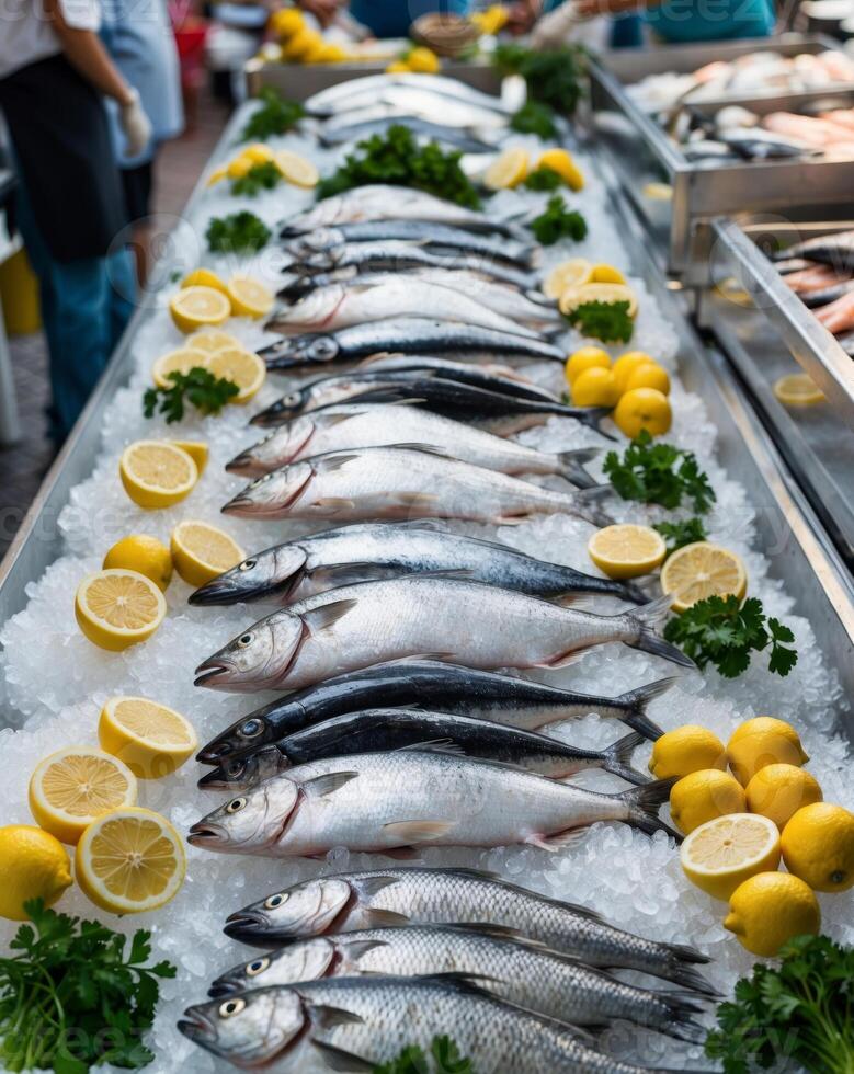 Fresh fish on display at a market photo