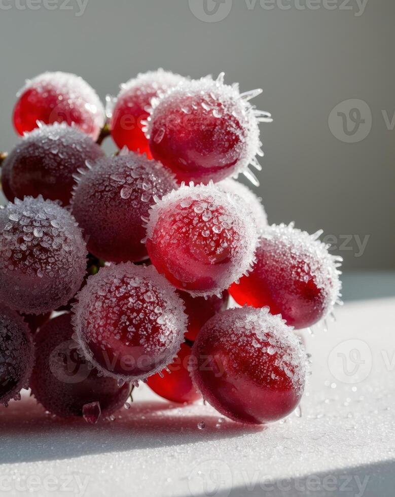 Frozen grapes on a white surface photo