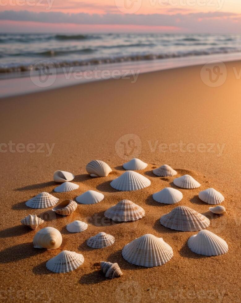 Sea shells on the beach at sunset photo