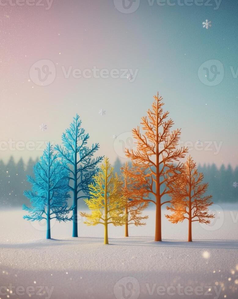 Colorful trees in the snow with snowflakes photo
