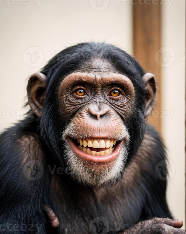 A charismatic chimpanzee sporting a beard is grinning cheerfully for the camera photo