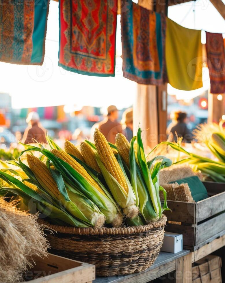 Fresh Corn on the Cob in Colorful Outdoor Market Stall with Baskets and Fabric Banners photo